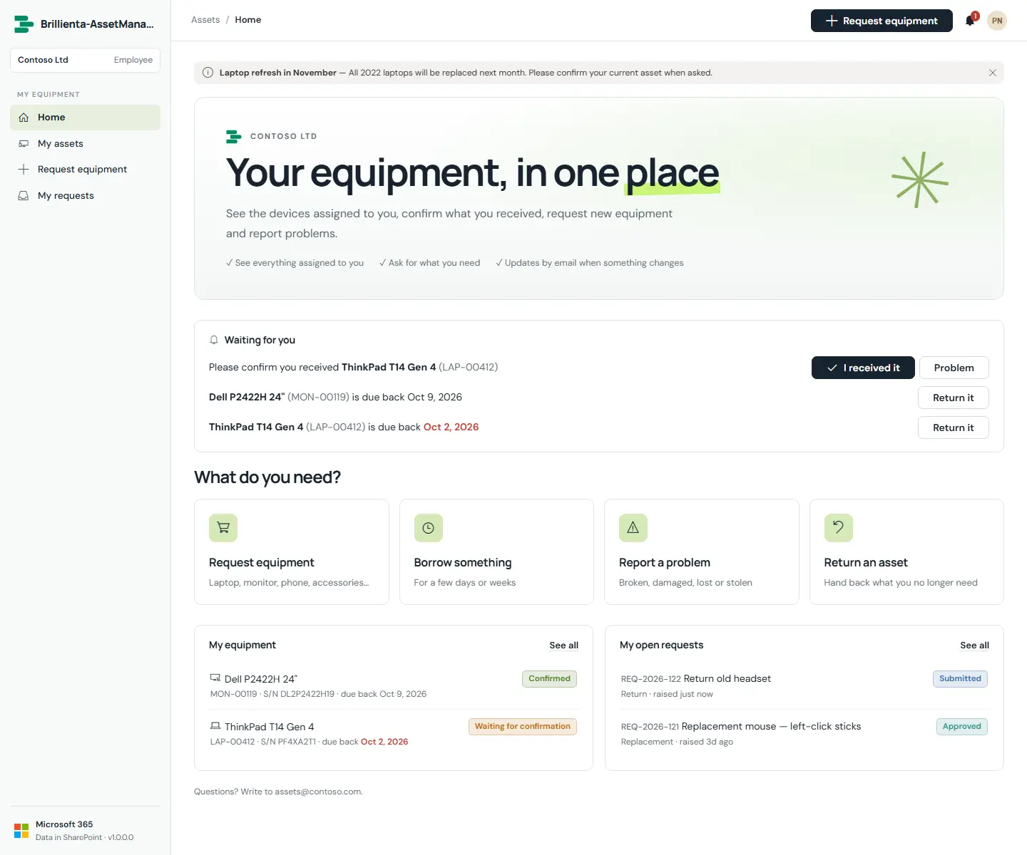 Capture: employee portal home — hero banner, Waiting for you card, request tiles, My equipment and My open requests.