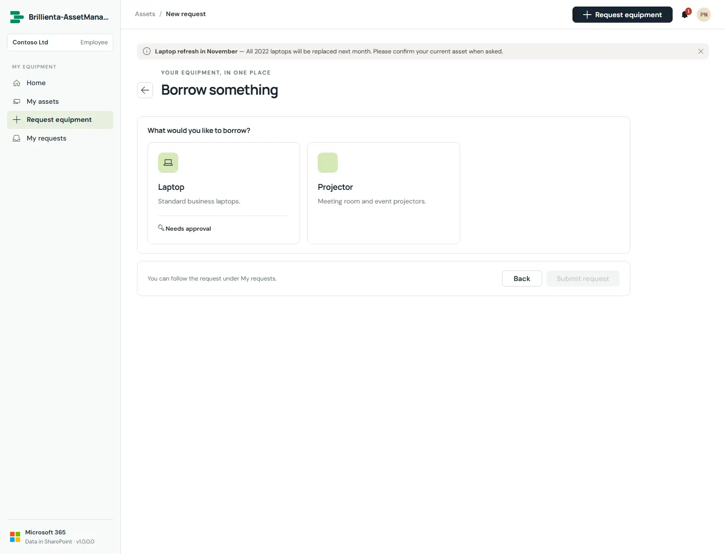 Capture: New request form for a Loan — kind, dates, justification, file attachment.