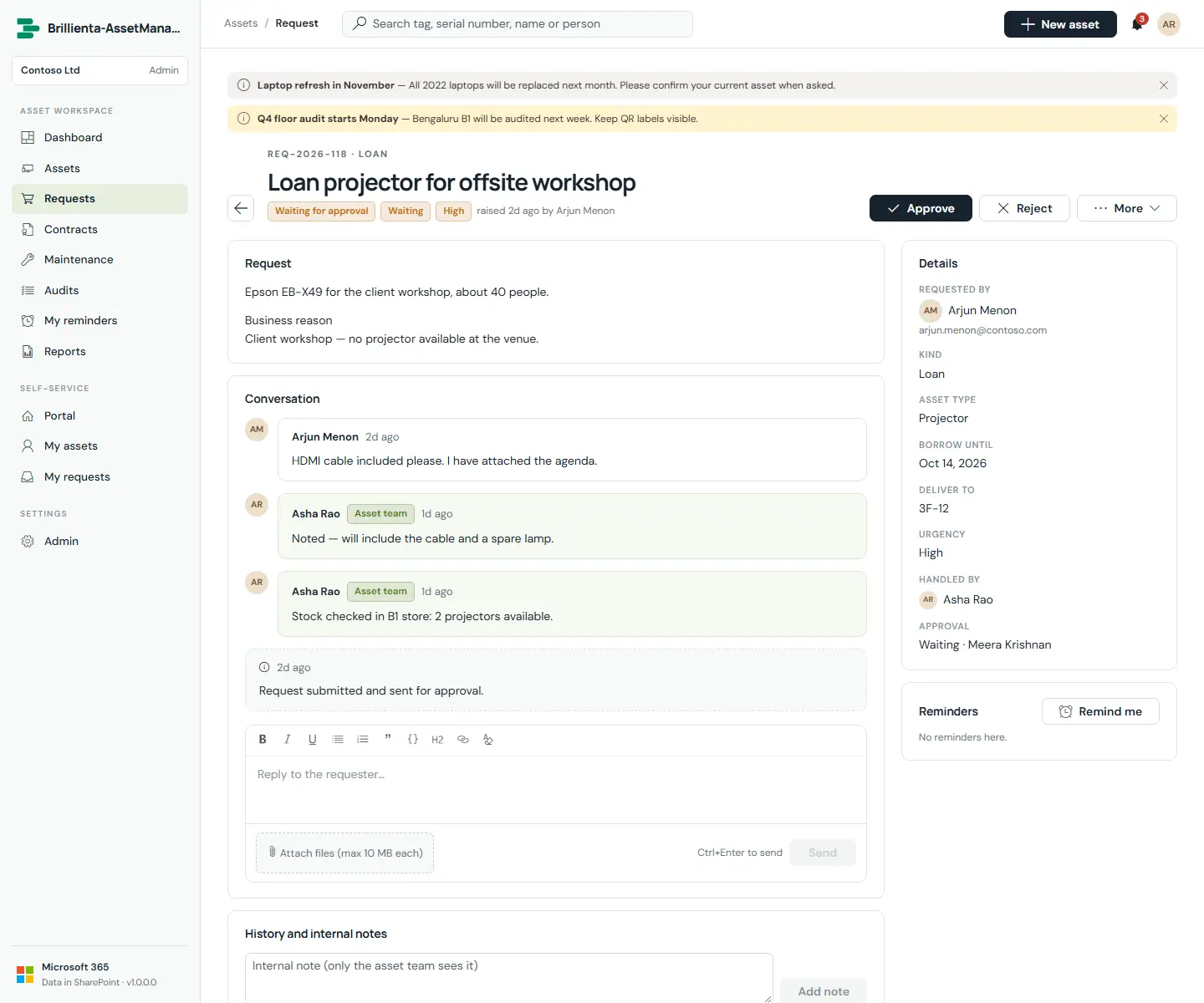 Capture: request detail as asset team — approval state, fulfil panel, conversation with files, system history.