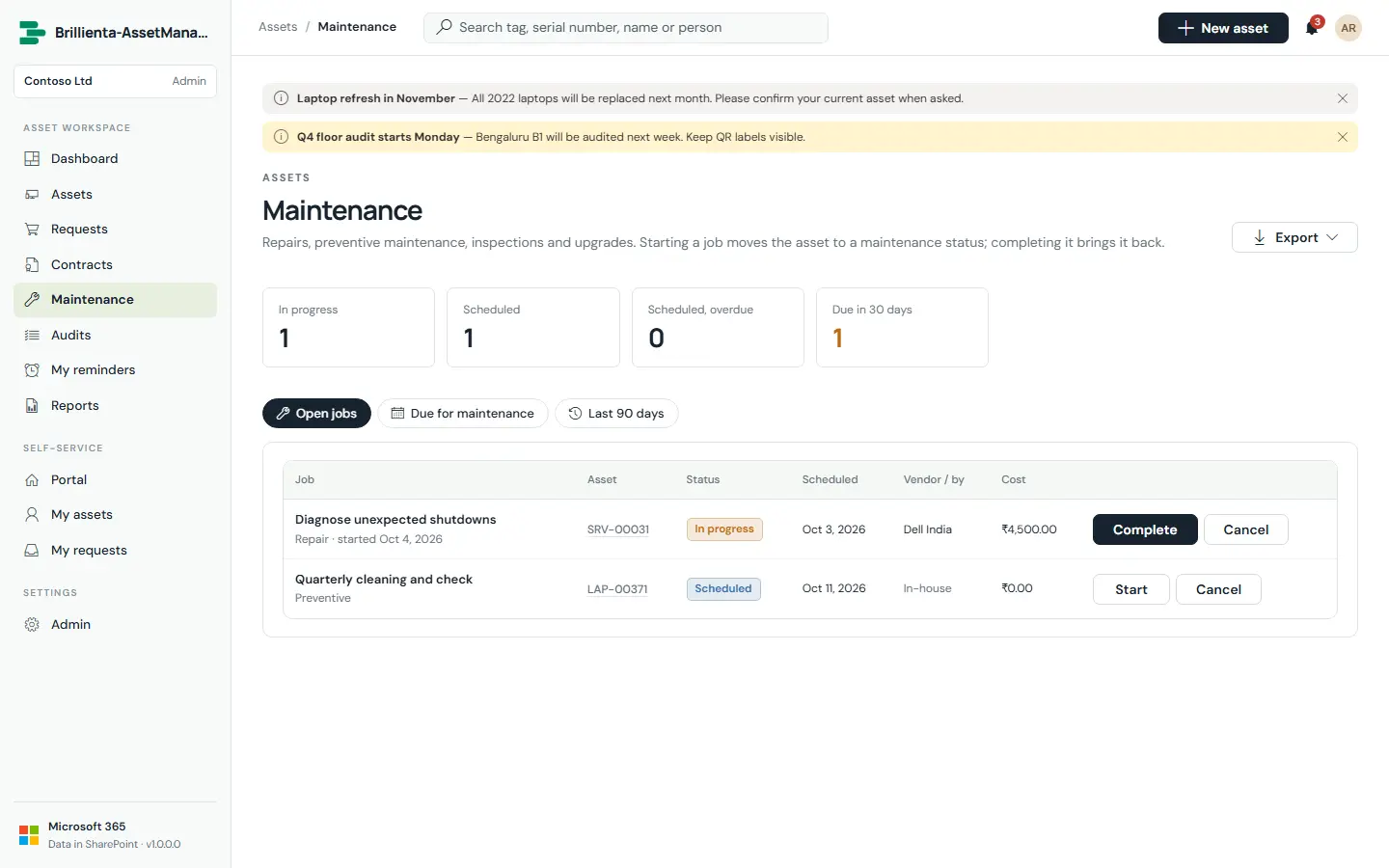 Capture: Maintenance page — open jobs, assets due in 30 days, last 90 days.