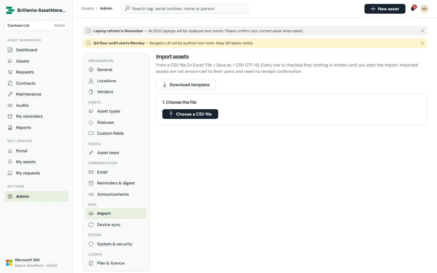 Capture: Import page — dropped CSV, recognised columns, row validation results.
