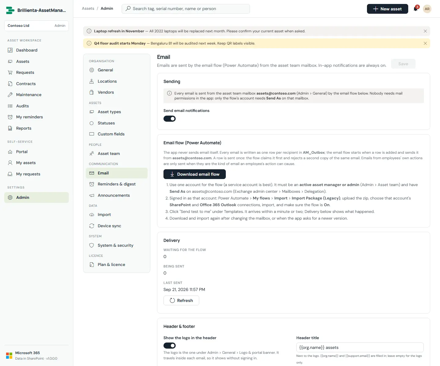 Capture: Admin Email — flow status, delivery overview, template list with live preview.