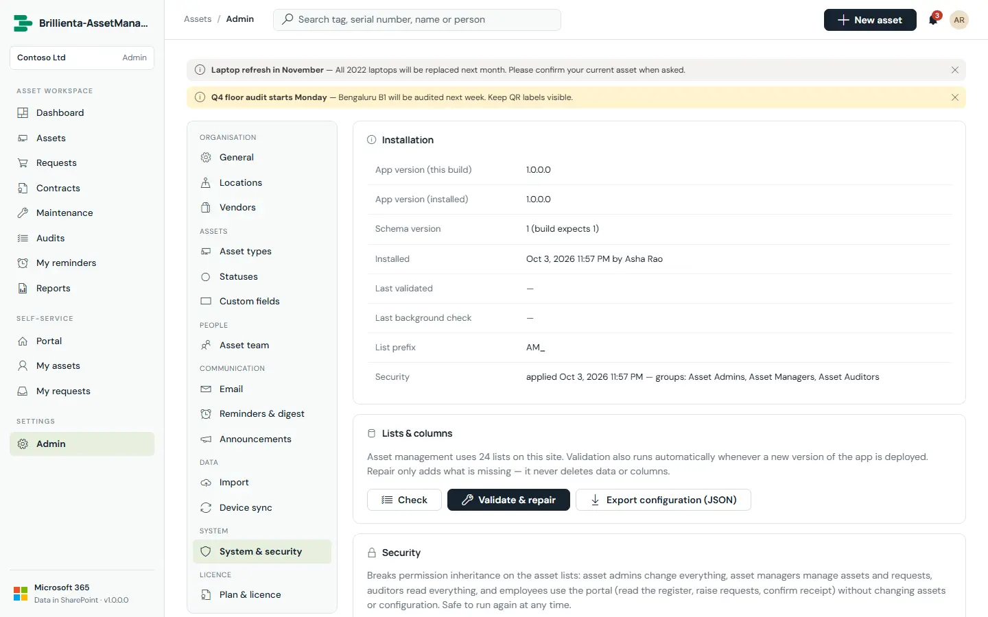 Capture: System & security — validation results, Apply security, flow health stamps.