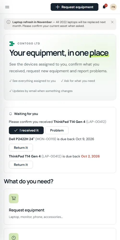 Capture: employee portal home on a phone (500px wide) — waiting-for-you card and tiles.