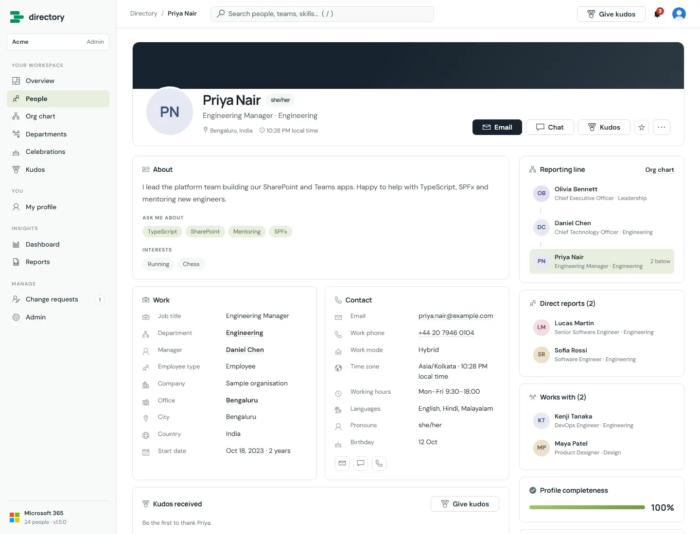 Profile of Priya Nair with banner, pronouns, title, location and local time; actions Email, Chat, Kudos; About with skills and interests; Work and Contact cards; Reporting line, Direct reports, Works with and Profile completeness.
