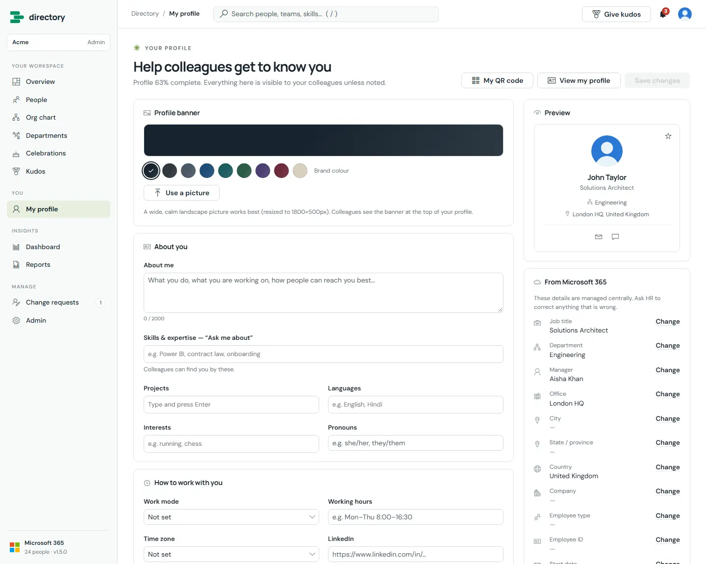 My profile page with a banner picker (seven styles and Upload a picture), About you fields, a live preview card and the From Microsoft 365 panel with Change links.