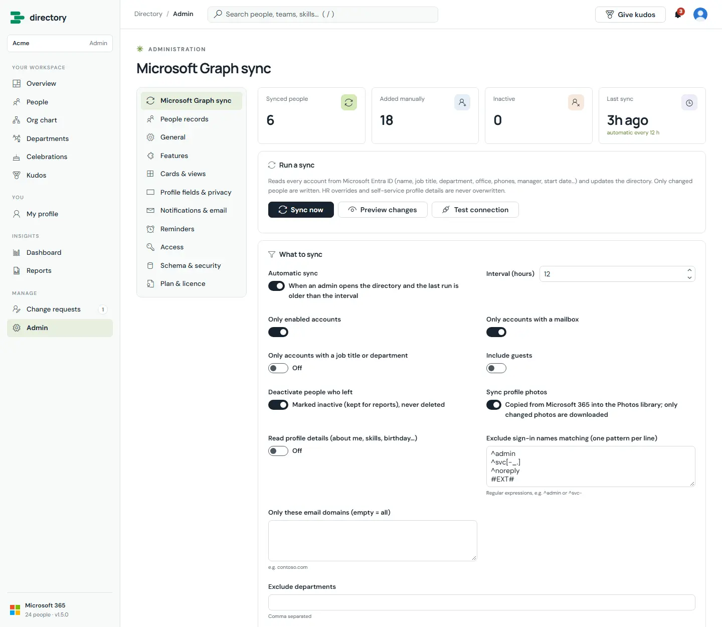 Microsoft Graph sync admin page with numbers for synced, manually added and inactive people and the last sync time; Sync now, Preview changes and Test connection buttons; and sync filters.