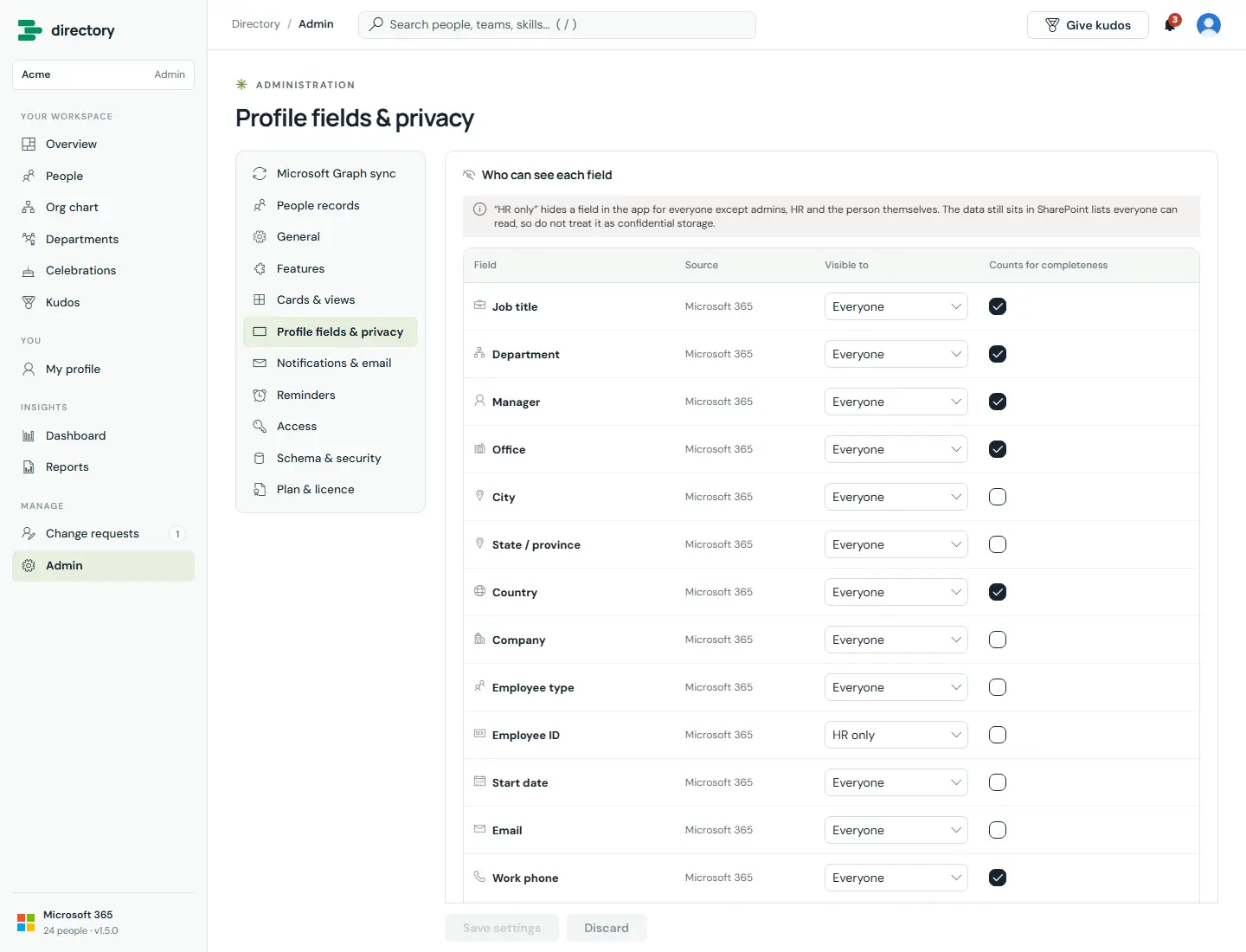Profile fields and privacy page with a row per field: source, visibility dropdown (Everyone or HR only) and a 'counts for completeness' checkbox.