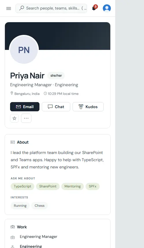 A profile on a phone: banner, initials, name, pronouns, title, location, local time, Email, Chat and Kudos buttons and the About card.