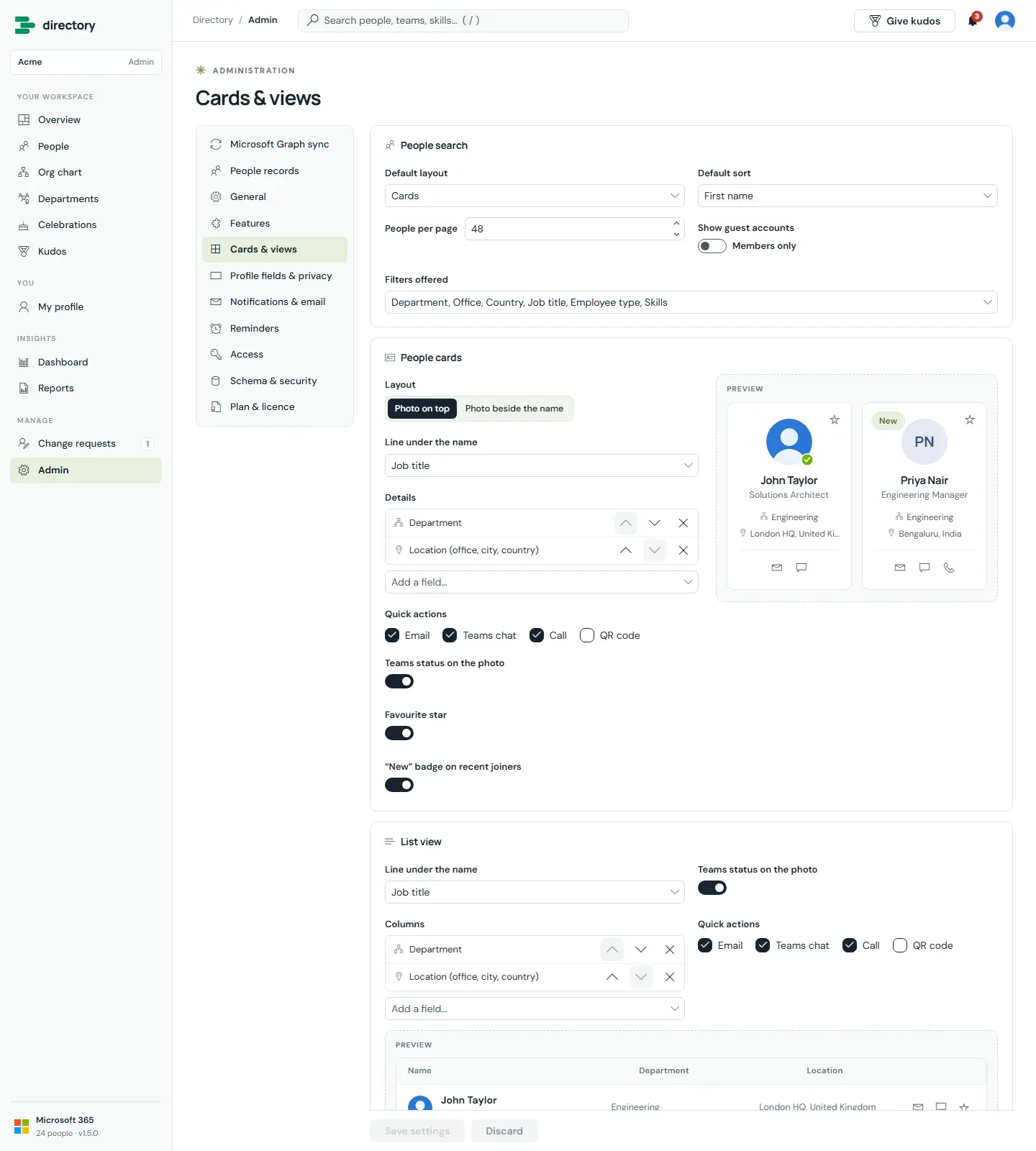 Cards and views admin page with People search defaults, People cards layout with live preview, and List view settings.