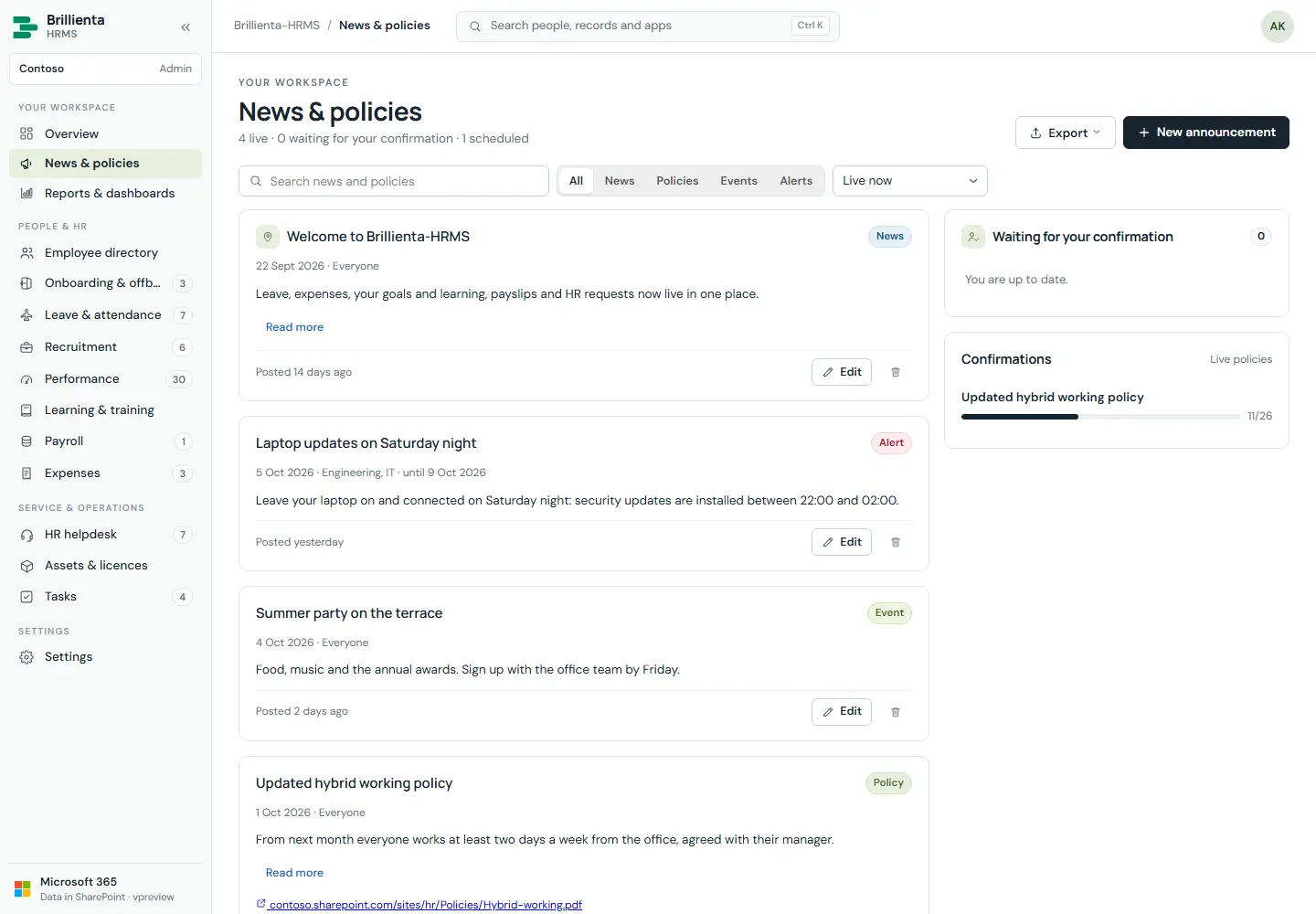 News and policies app with announcements list.