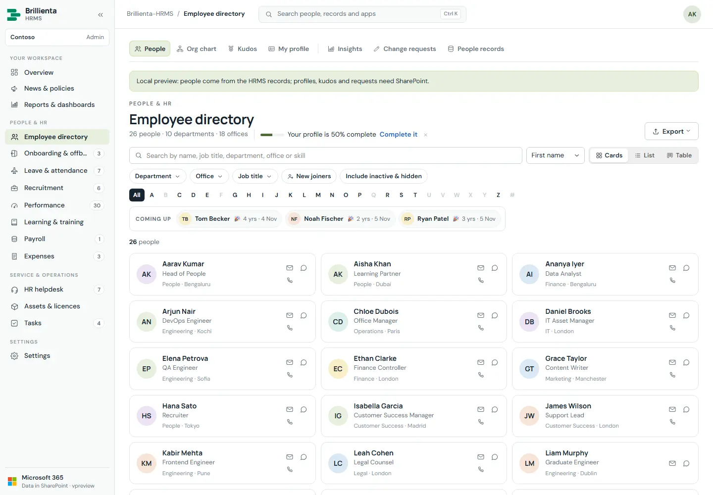 Employee directory People page with search, filters, coming-up line and person cards.