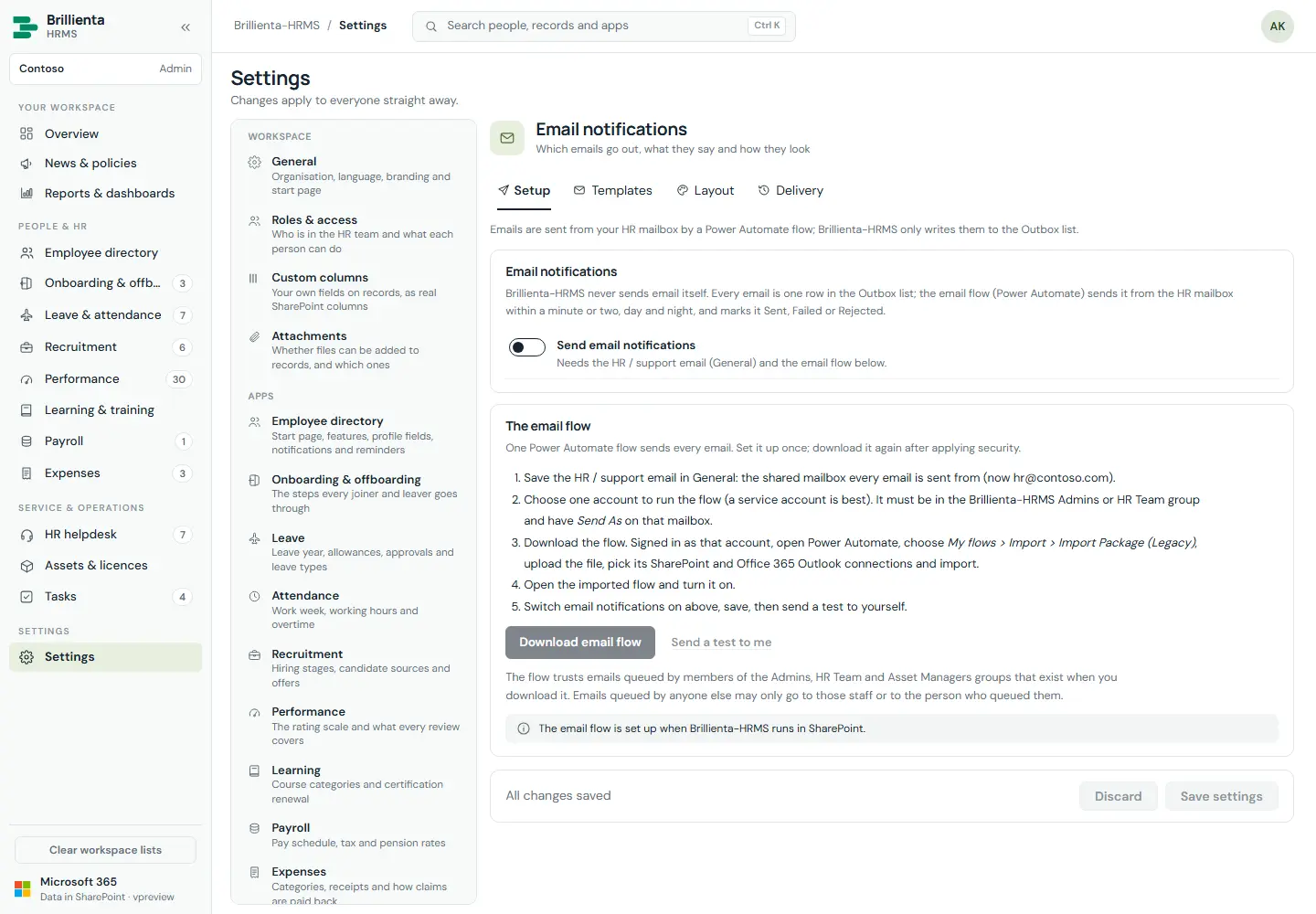 Email notifications setup, templates and delivery.