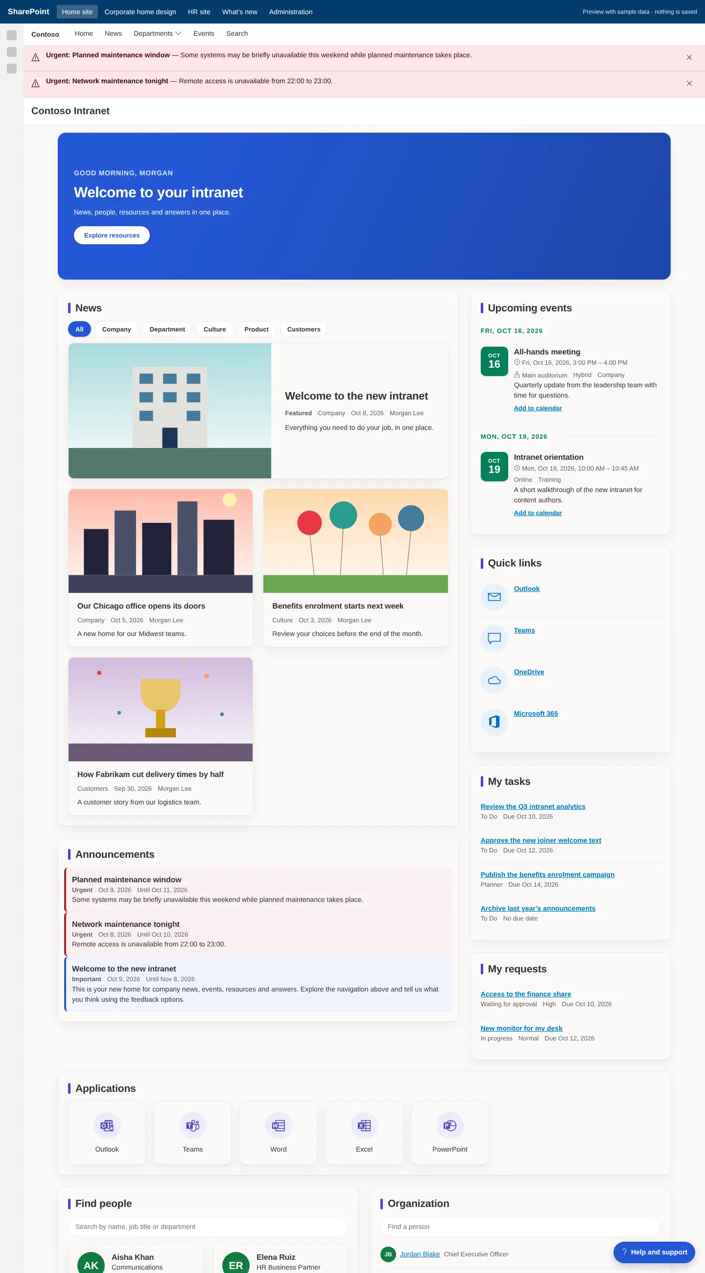 Corporate home page: welcome hero, news, announcements, upcoming events, quick links, my tasks, my requests, applications, people search, organization, ideas, documents, search and feedback.