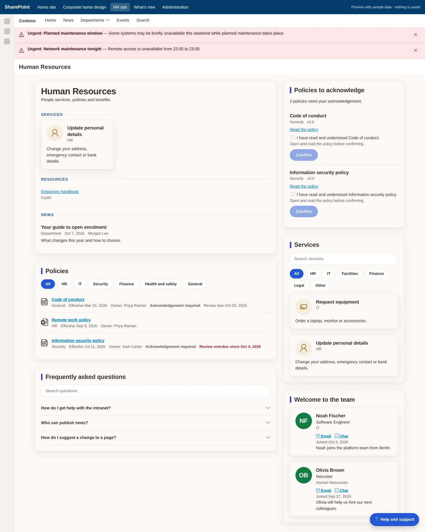 HR portal: department overview, policies, FAQ, policy acknowledgements, services, new joiners, celebrations and recognition.