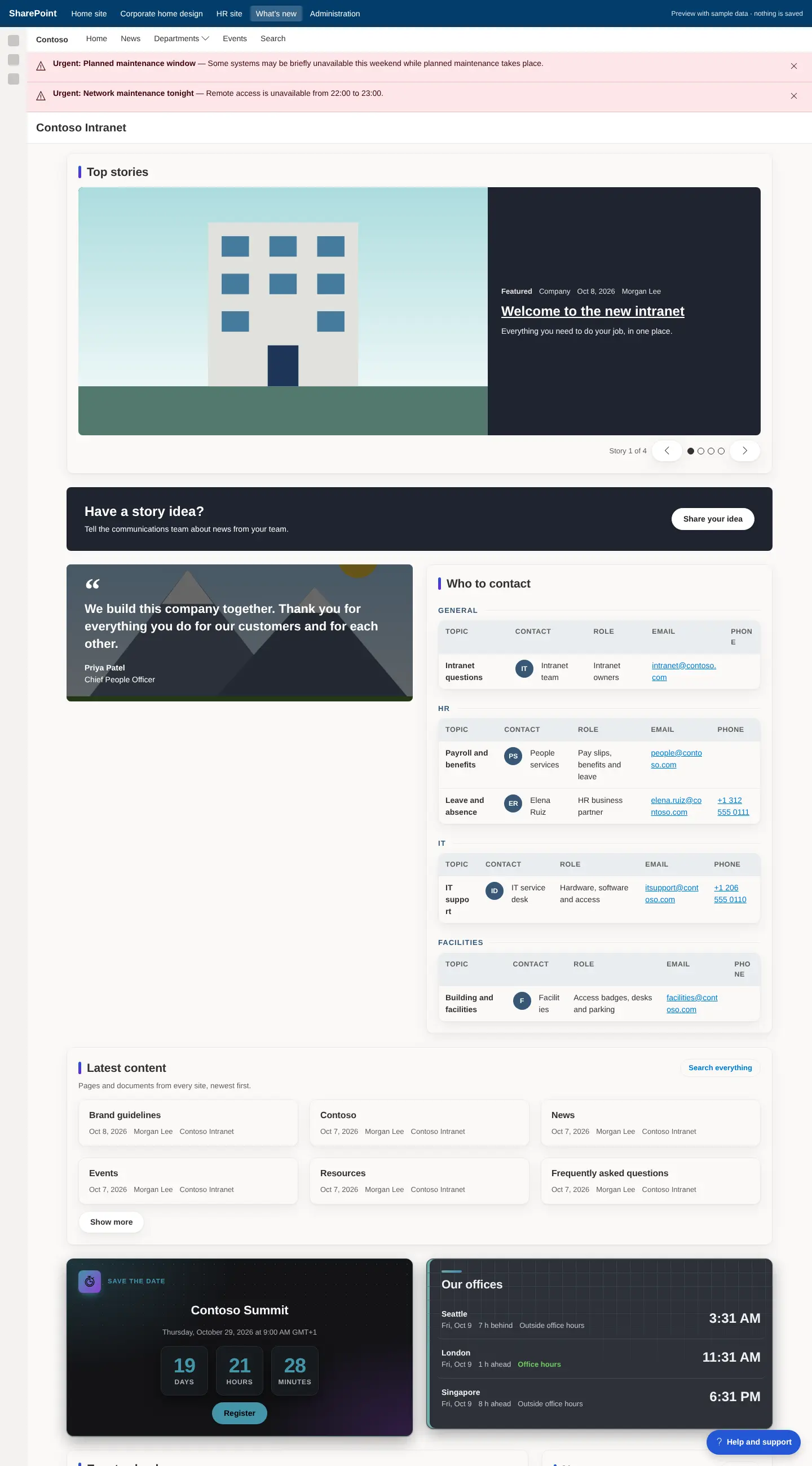 New 2.3 web parts: news slideshow, call to action, quote and contact table