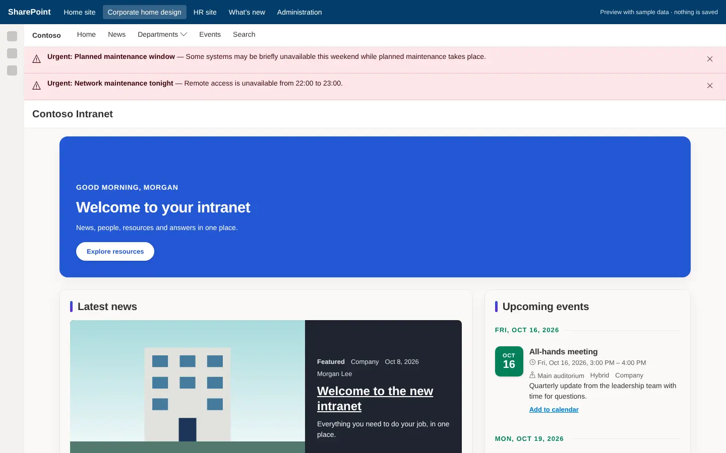 An intranet home page rendered with one of the 2.4 designs