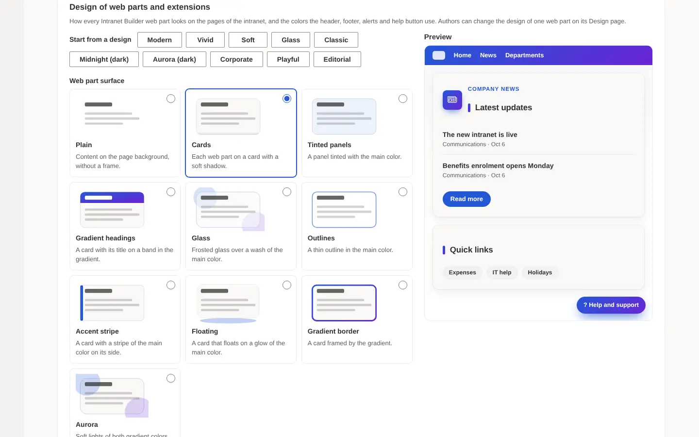 The design studio in Configuration Manager, with starting designs, surface options and a live preview