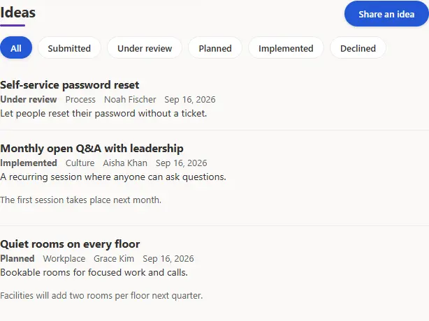 Ideas board with status filters and a Share an idea button.
