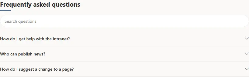 Frequently asked questions with a search box and expandable answers.