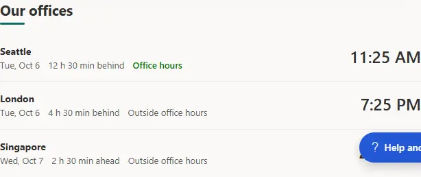 World clock showing Seattle, London and Singapore times with office-hours flags.
