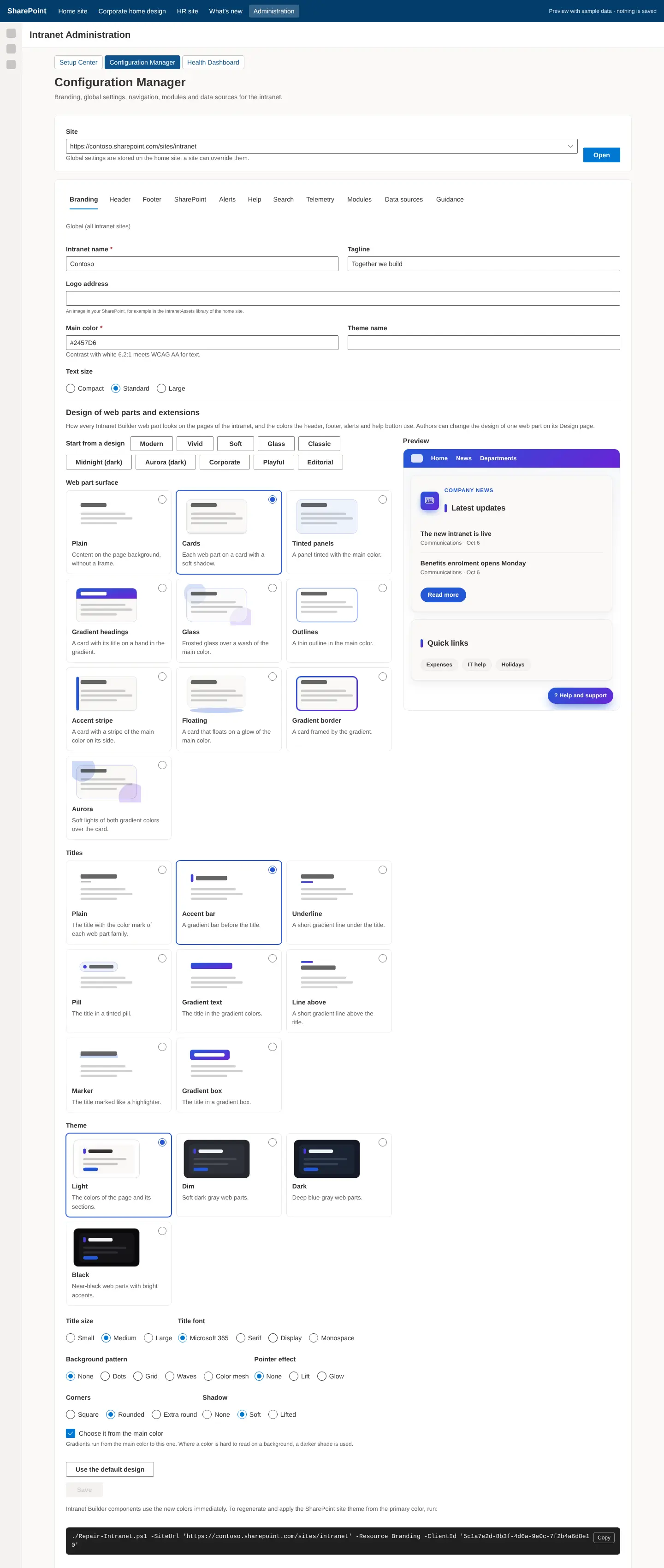 Configuration Manager with site picker and tabs for Branding, Navigation, Footer, Alerts, Help, Search, Telemetry, Modules, Data sources and Guidance.