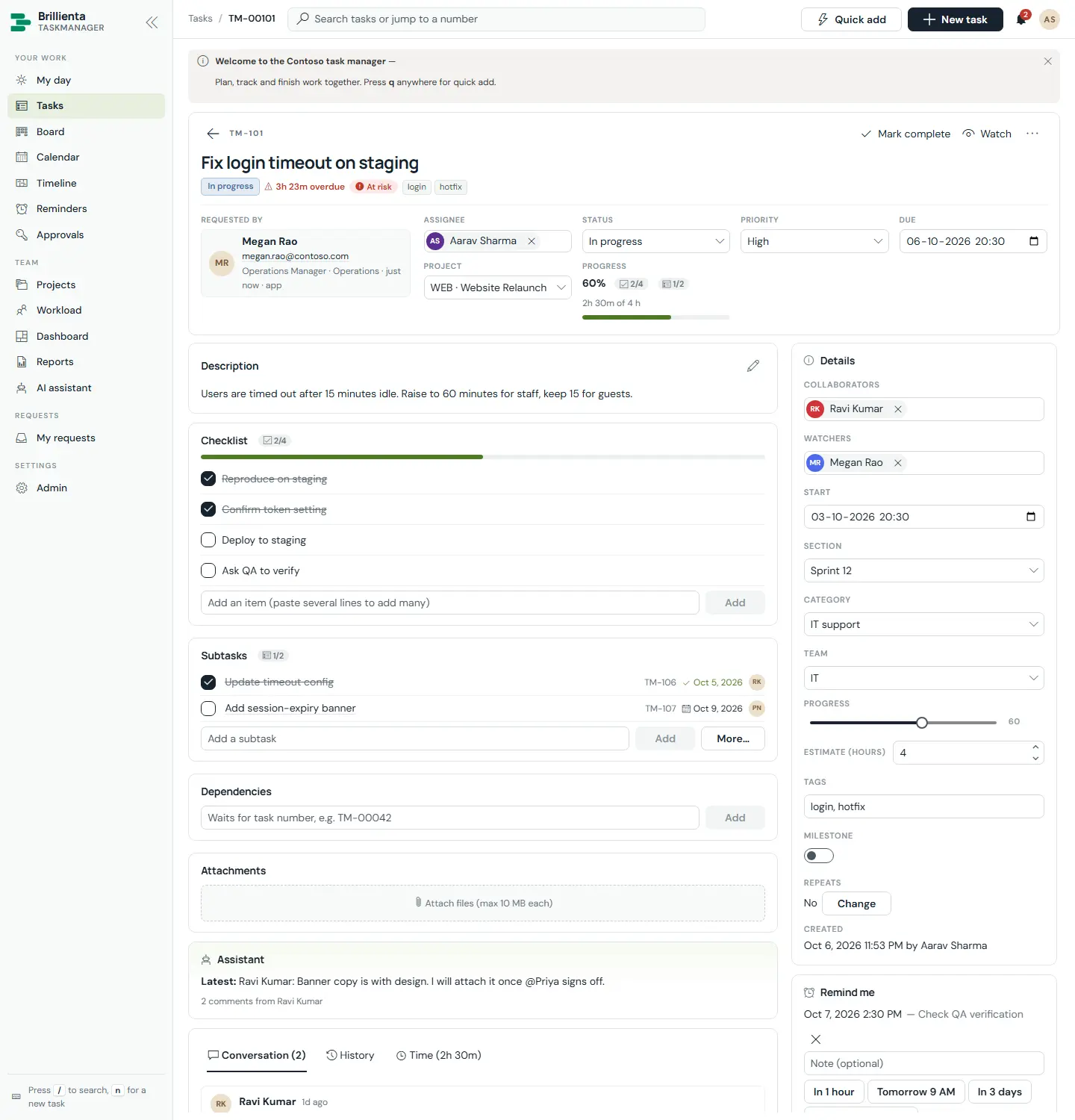 Task TM-101 Fix login timeout on staging: status and risk chips, key facts, description, checklist, two subtasks with assignees and due dates, dependencies, attachments dropzone, AI conversation summary, three comments including an automation note, history and time tabs, and a details sidebar with collaborators, watchers, estimate, tags and reminder.