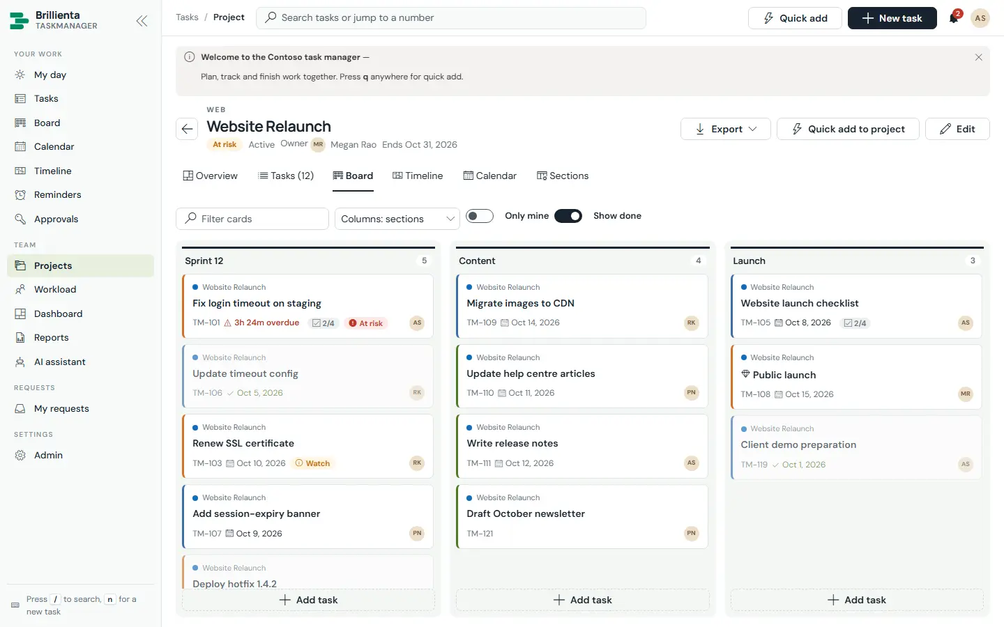 Website Relaunch board grouped by project sections Sprint 12, Content and Launch with task cards and per-section quick add.