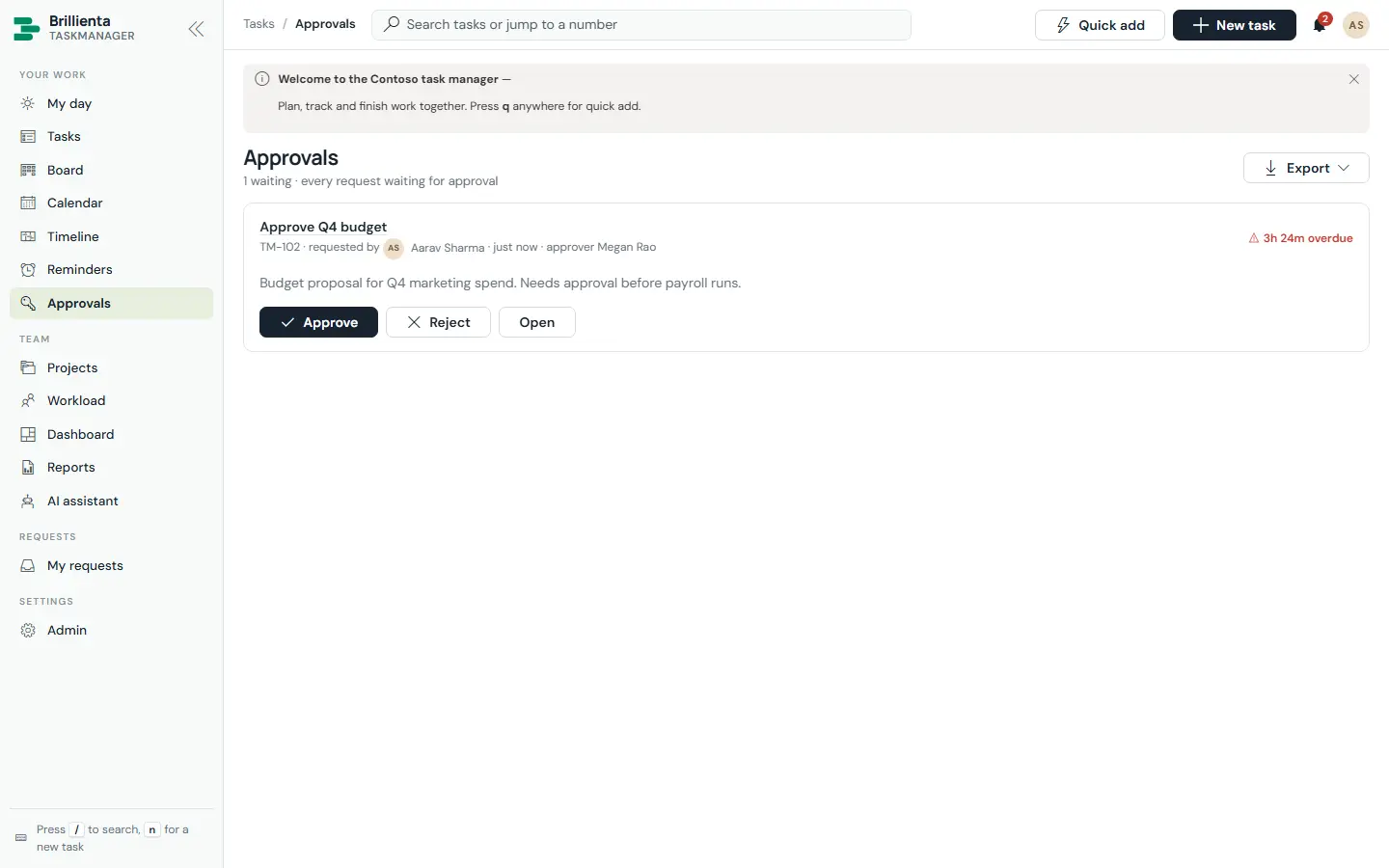 Approvals page with cards waiting for decision showing requester, age, approver, description and due date, with Approve, Reject and Open actions.