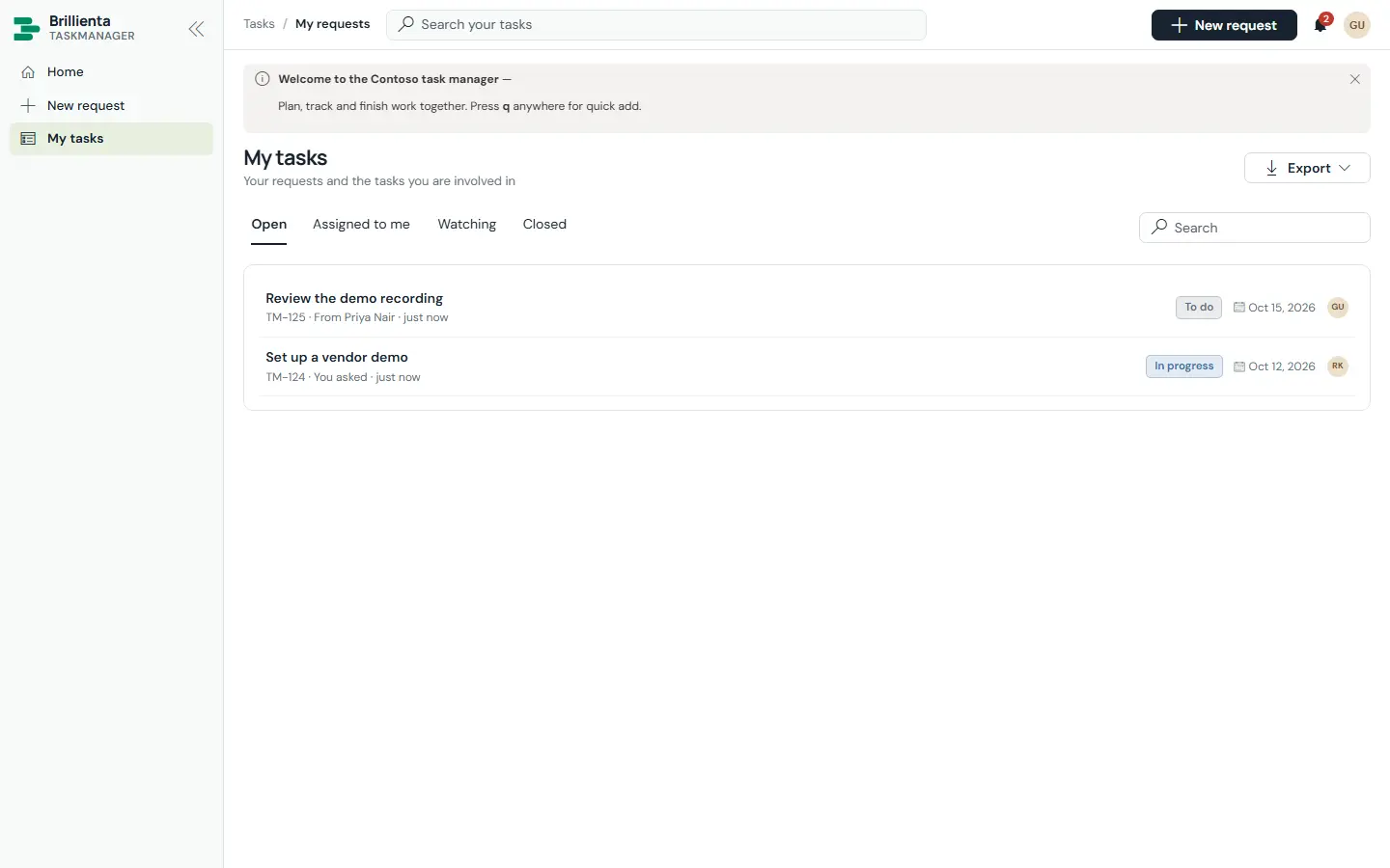 Guest My tasks with Open, Assigned to me, Watching and Closed tabs showing a vendor-demo request in progress and a review task assigned to the guest.