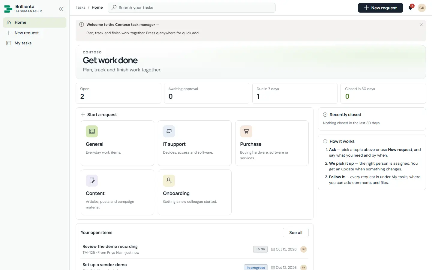 Guest home: welcome banner, KPI tiles, start-a-request tiles per category, open items, recently closed work and how-it-works steps.