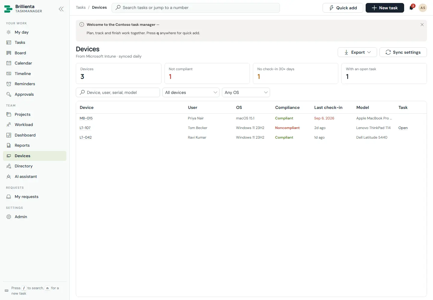 Devices page with counts for total, not compliant, stale check-ins and open tasks; a table of three devices with user, OS, compliance, last check-in, model and a link opening TM-123 for the non-compliant one.