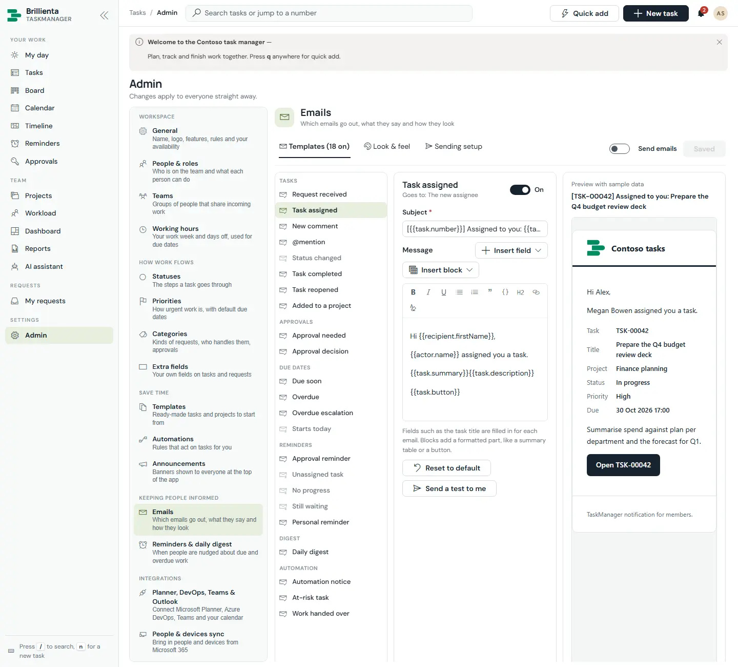 Email settings: template list across tasks, approvals, due dates, reminders, digest and automation events; the Task assigned template with recipient, subject, message, field and block inserters, reset, test send and a sample-data preview.