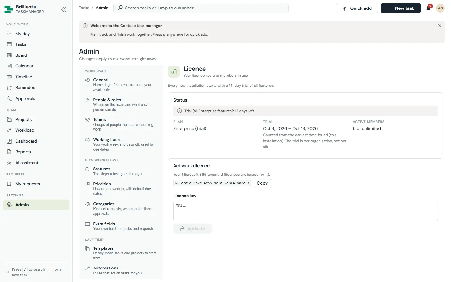 Licence page: Enterprise trial status with days left, activation box for signed keys, seat usage and plan feature summary.