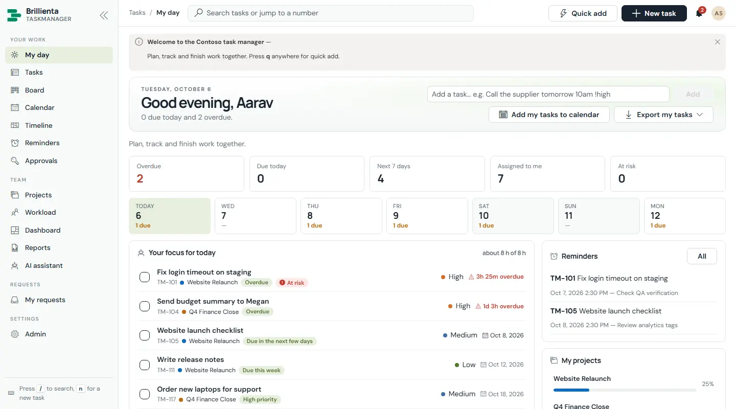 Notification bell open over My day: assignment, comment and approval notifications with unread highlight, mark-all-read and clear actions.