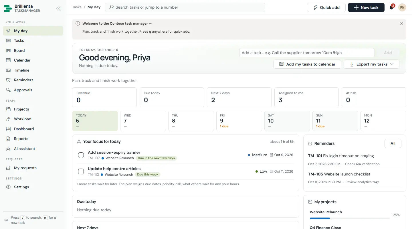 My day as Priya, a member: the same workspace with admin pages replaced by Settings, showing her own assignments and reminders.